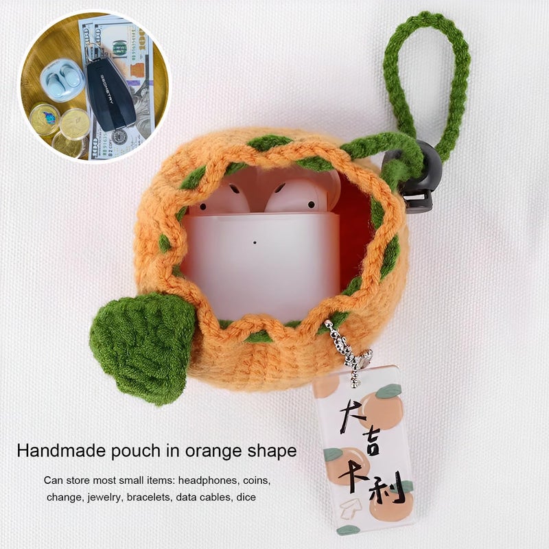 BRTOO Small Crochet Purse 100% Handmade Knitted Storage Bag Cute Funny Coin Change Purse Pouch Mini Cartoon Shark Funny Plush Drawstring Headphone Wallet for Women Girls Gift(Orange) - Image 2